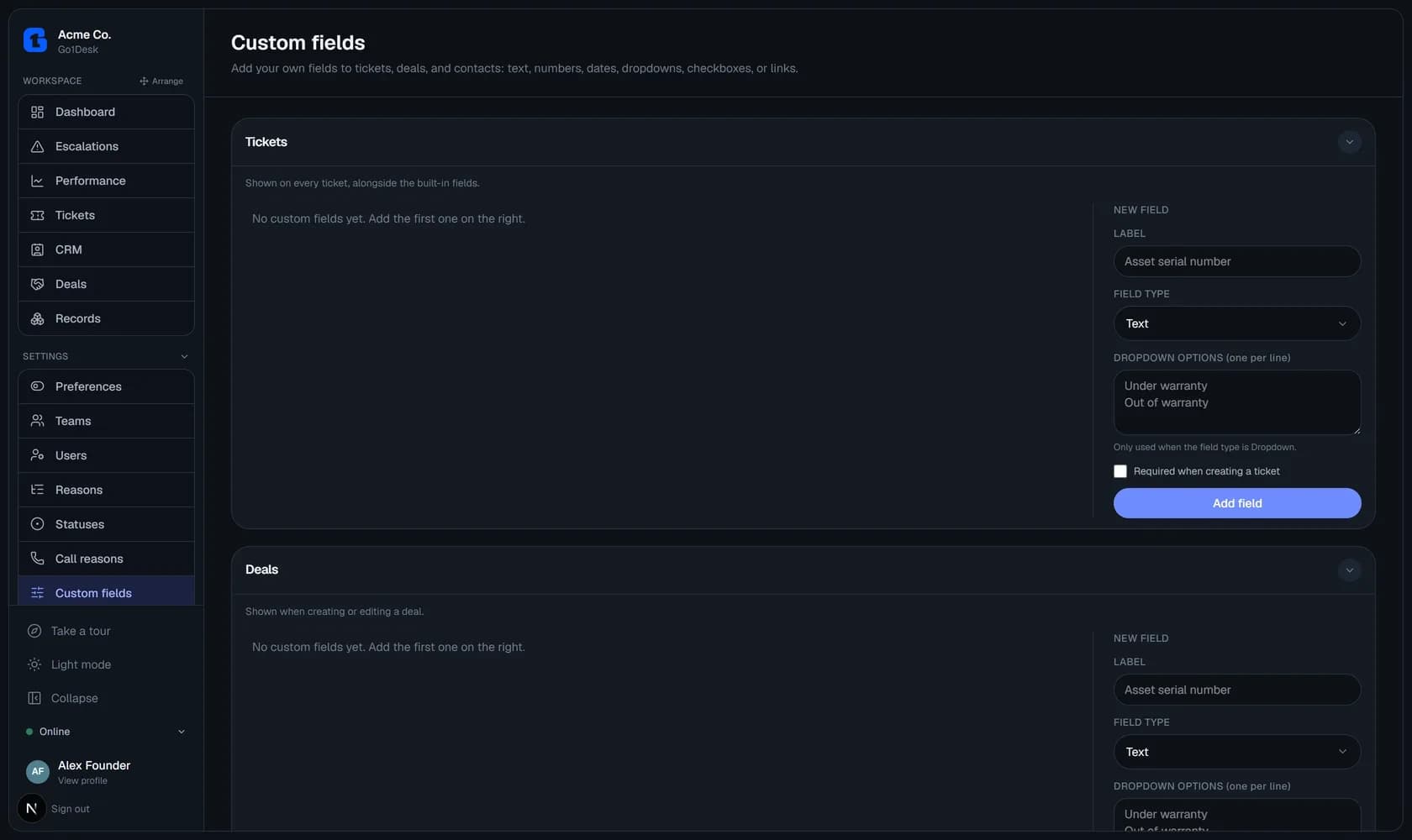 Custom fields settings