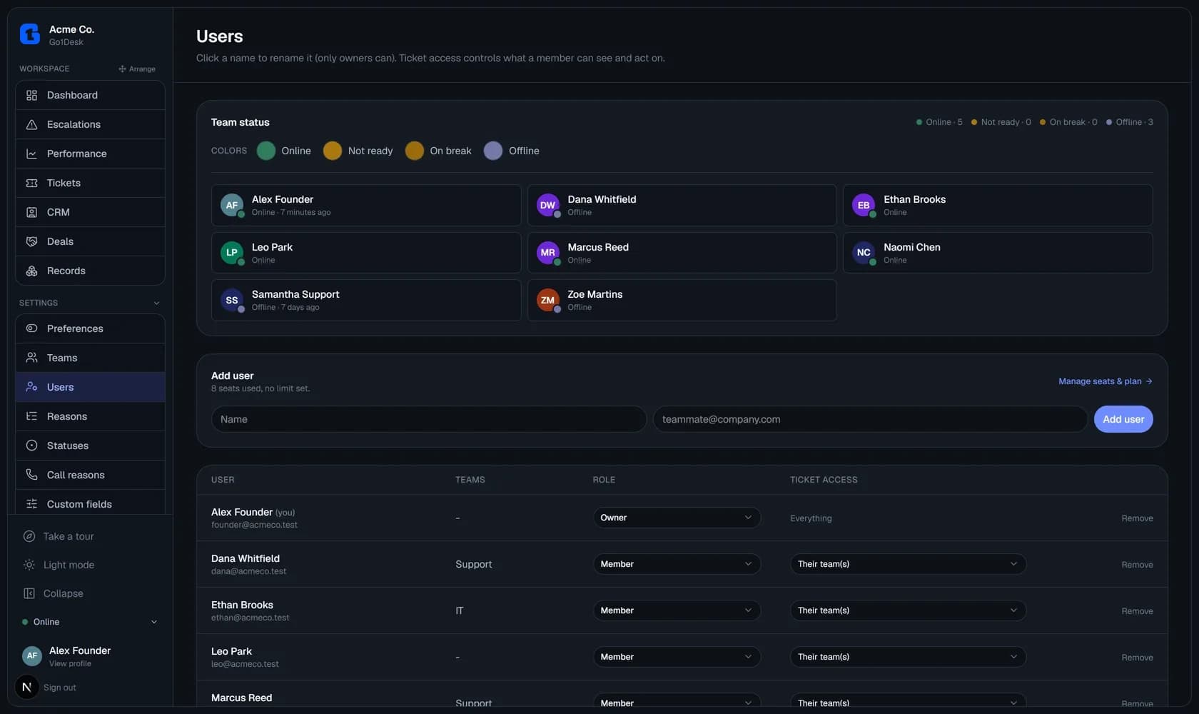 Users and access settings